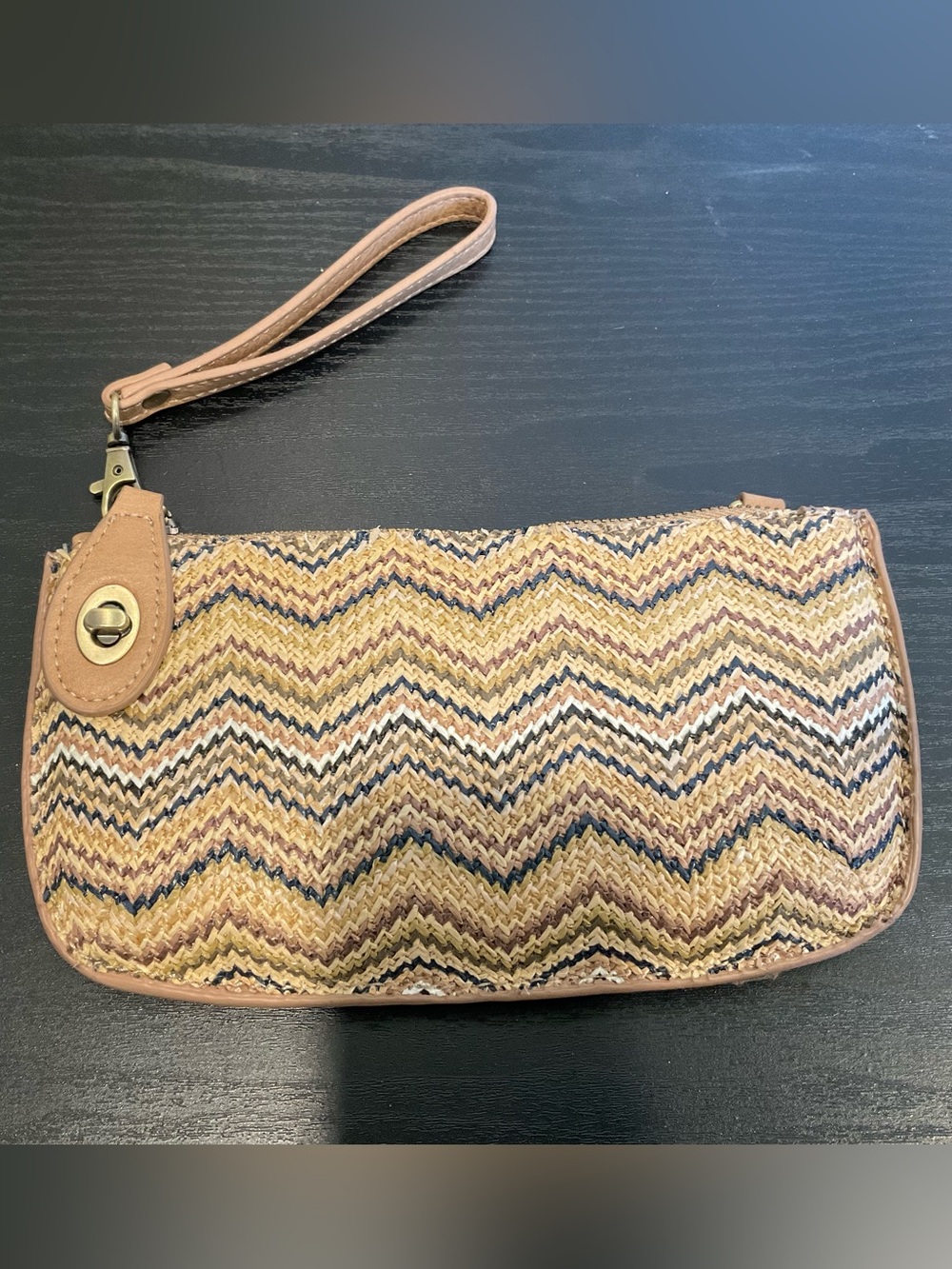 Joy Susan Woven Chevron Wristlet in Tan, Natural, Black